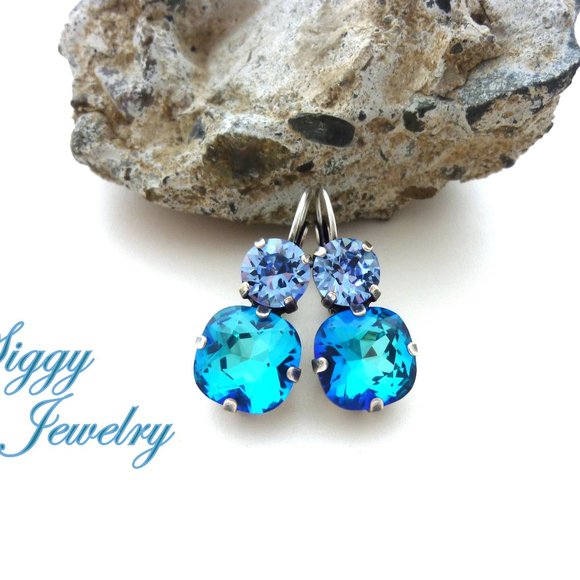 Bermuda Blue and Light Sapphire Double Drop Crystal Earrings 12mm and 8mm - Picture 4 of 5